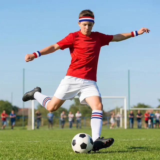 Alt view image 5 of 7 - 5Pcs Sports Headband Wristband and Striped Socks Set, Sweatbands Wristband, 80s Accessories Costumes for Men Women (Red/White/Blue)