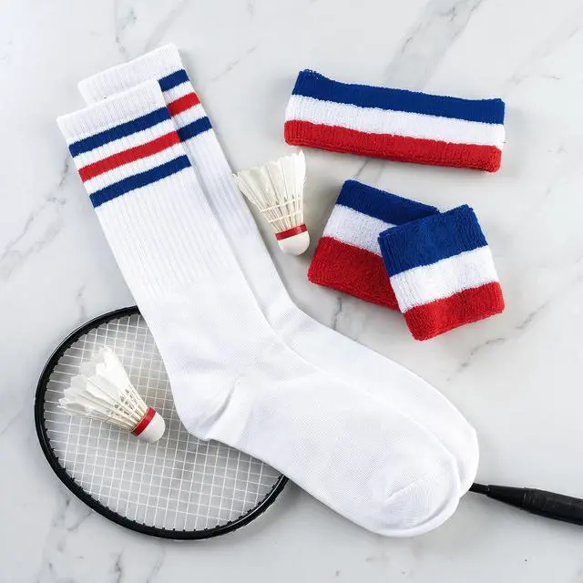 Alt view image 6 of 7 - 5Pcs Sports Headband Wristband and Striped Socks Set, Sweatbands Wristband, 80s Accessories Costumes for Men Women (Red/White/Blue)