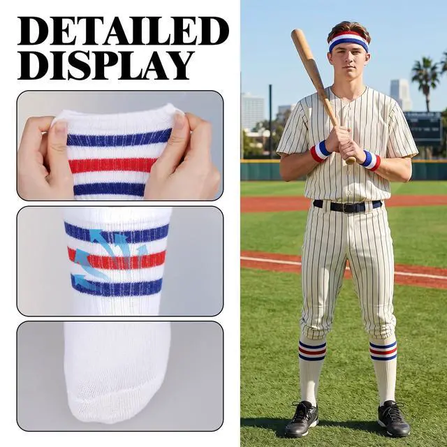 Alt view image 7 of 7 - 5Pcs Sports Headband Wristband and Striped Socks Set, Sweatbands Wristband, 80s Accessories Costumes for Men Women (Red/White/Blue)