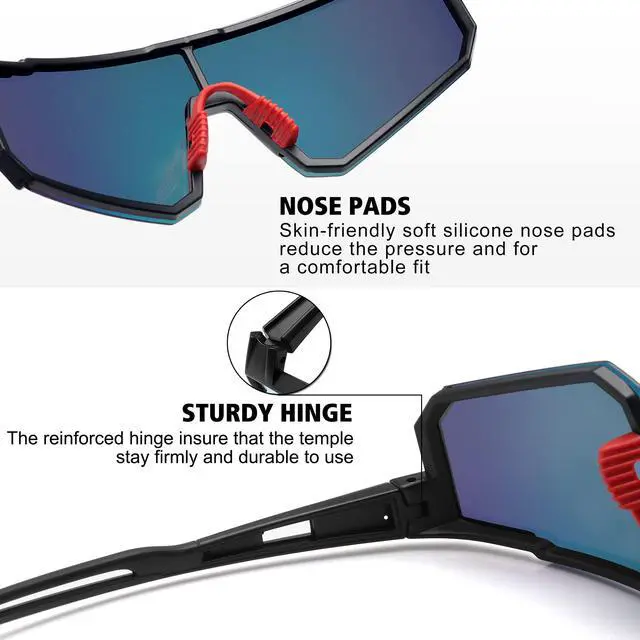 Alt view image 4 of 7 - Polarized Sports Sunglasses for Men Women,Bike Glasses Driving Fishing Cycling Mountain Bike Sunglasses UV400 Protection Black Frame-Red Mirror Lens