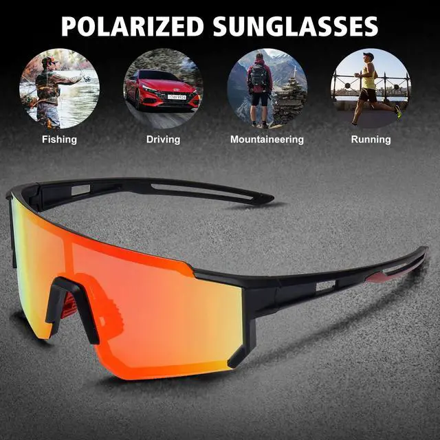Alt view image 6 of 7 - Polarized Sports Sunglasses for Men Women,Bike Glasses Driving Fishing Cycling Mountain Bike Sunglasses UV400 Protection Black Frame-Red Mirror Lens