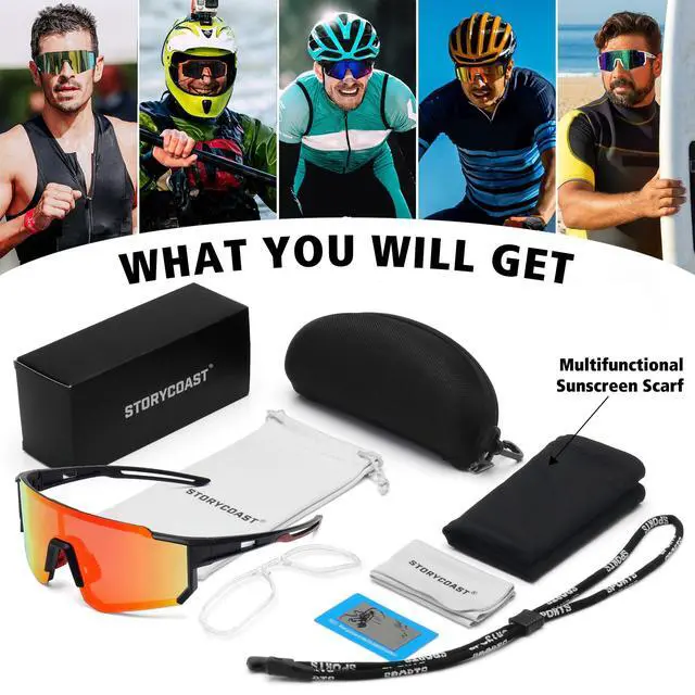 Alt view image 7 of 7 - Polarized Sports Sunglasses for Men Women,Bike Glasses Driving Fishing Cycling Mountain Bike Sunglasses UV400 Protection Black Frame-Red Mirror Lens