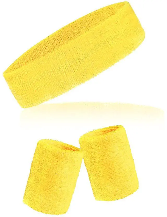 Main image of 3 Pieces Striped Sweatbands Set, 1 Pieces Sports Headband and 2 Pieces Wristbands, 80s 90s Neon Yellow, American Flag Style,Wicking Sweat Head Band for Men Women Outfit Sport (Yellow)
