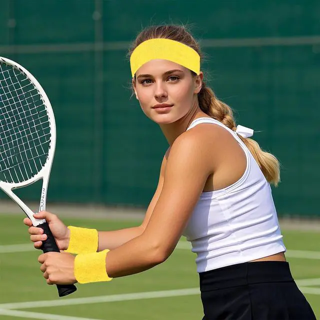 Alt view image 5 of 7 - 3 Pieces Striped Sweatbands Set, 1 Pieces Sports Headband and 2 Pieces Wristbands, 80s 90s Neon Yellow, American Flag Style,Wicking Sweat Head Band for Men Women Outfit Sport (Yellow)