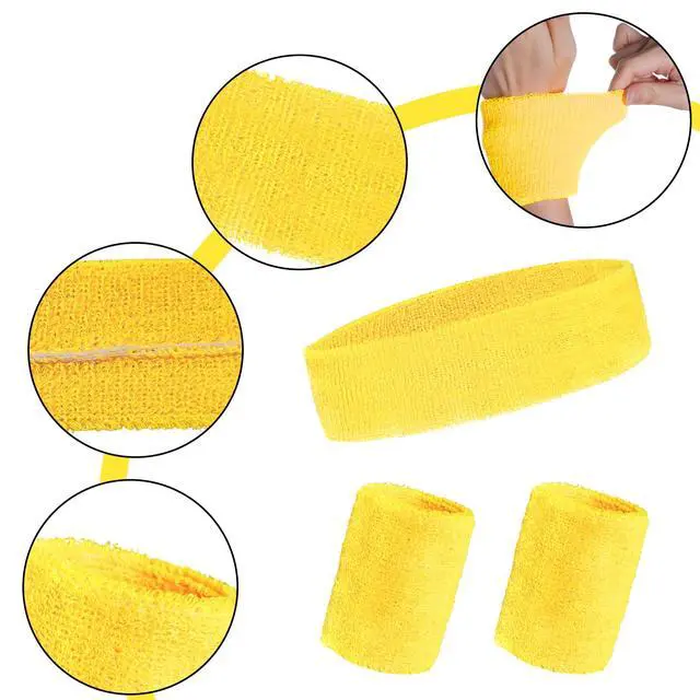 Alt view image 3 of 7 - 3 Pieces Striped Sweatbands Set, 1 Pieces Sports Headband and 2 Pieces Wristbands, 80s 90s Neon Yellow, American Flag Style,Wicking Sweat Head Band for Men Women Outfit Sport (Yellow)