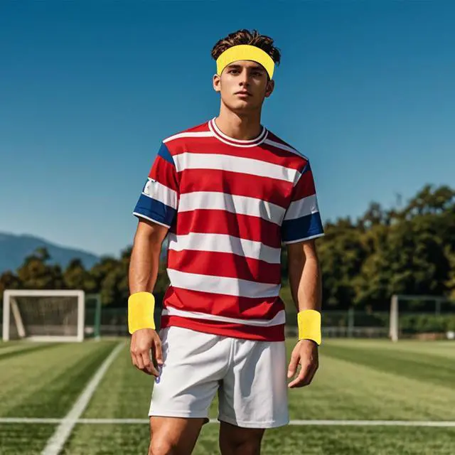 Alt view image 6 of 7 - 3 Pieces Striped Sweatbands Set, 1 Pieces Sports Headband and 2 Pieces Wristbands, 80s 90s Neon Yellow, American Flag Style,Wicking Sweat Head Band for Men Women Outfit Sport (Yellow)