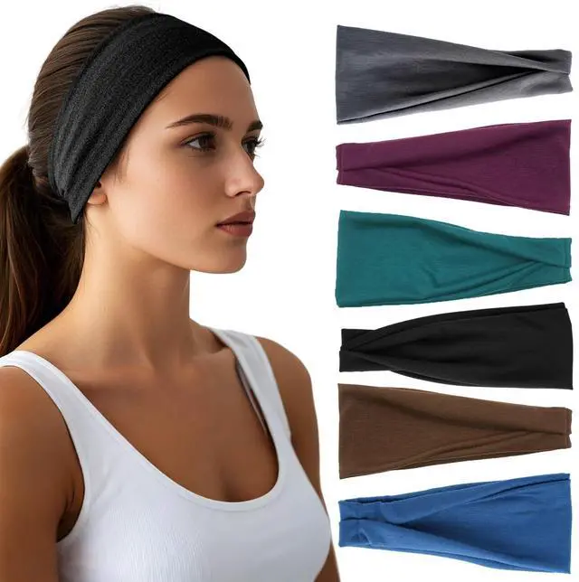 Main image of Headbands for Women - 6 Pack Wide Elastic Hairbands | Ultra-Soft Moisture Wicking Sports Headband | Non-Slip Accessories Bands for Fashion (Dark GrayBurgundyDarkGreenBlackCoffeeNavy)