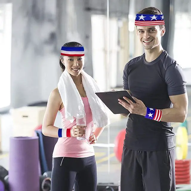 Alt view image 6 of 6 - American Flag Sports Headband & Wristband Set - 4 Styles Striped Sweatbands for Basketball, Football, Running, Gym & Exercise - 1 Headband, 2 Wristbands