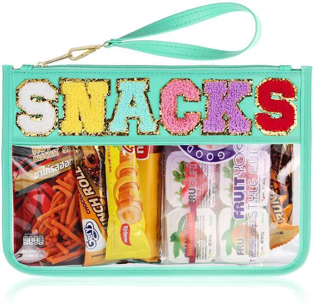 Main image of Snack Bag for Travel - Clear Chenille Varsity Letter Flat Pouch with Zipper, Waterproof Clear PVC&PU Preppy Patch Makeup Cosmetic tote Bags for Women (Green-Snacks)