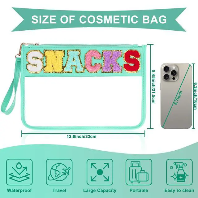 Alt view image 2 of 6 - Snack Bag for Travel - Clear Chenille Varsity Letter Flat Pouch with Zipper, Waterproof Clear PVC&PU Preppy Patch Makeup Cosmetic tote Bags for Women (Green-Snacks)