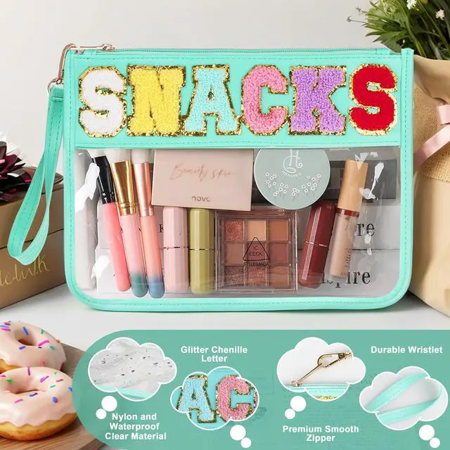Alt view image 3 of 6 - Snack Bag for Travel - Clear Chenille Varsity Letter Flat Pouch with Zipper, Waterproof Clear PVC&PU Preppy Patch Makeup Cosmetic tote Bags for Women (Green-Snacks)