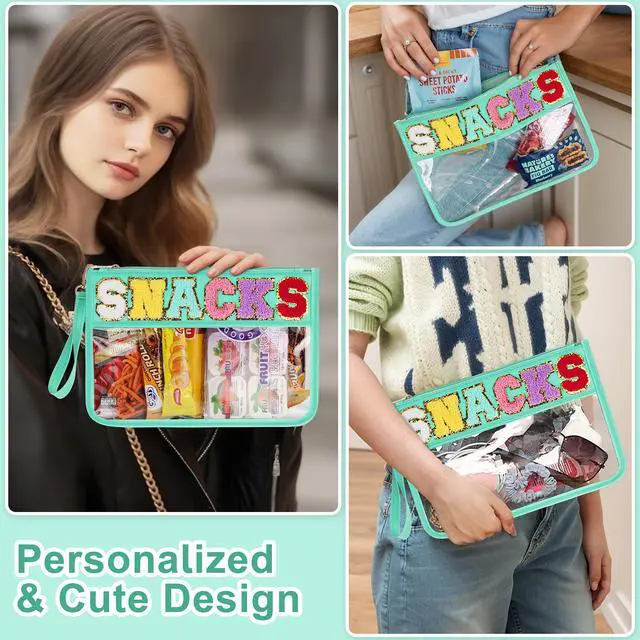 Alt view image 4 of 6 - Snack Bag for Travel - Clear Chenille Varsity Letter Flat Pouch with Zipper, Waterproof Clear PVC&PU Preppy Patch Makeup Cosmetic tote Bags for Women (Green-Snacks)