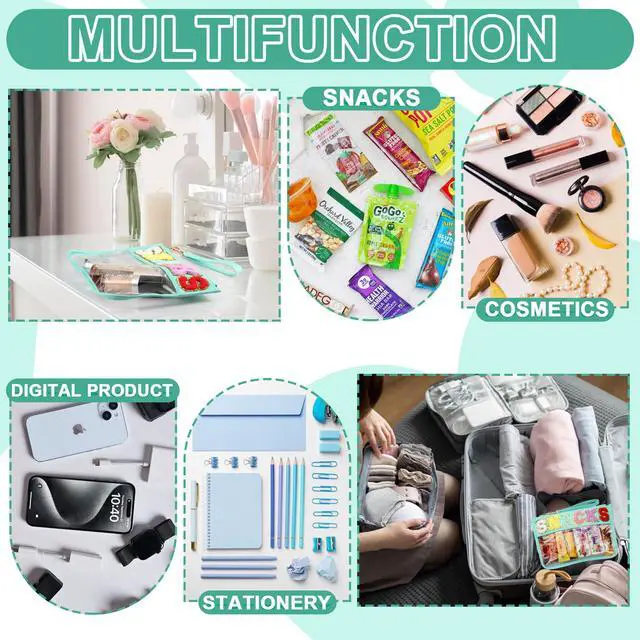 Alt view image 5 of 6 - Snack Bag for Travel - Clear Chenille Varsity Letter Flat Pouch with Zipper, Waterproof Clear PVC&PU Preppy Patch Makeup Cosmetic tote Bags for Women (Green-Snacks)