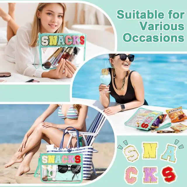 Alt view image 6 of 6 - Snack Bag for Travel - Clear Chenille Varsity Letter Flat Pouch with Zipper, Waterproof Clear PVC&PU Preppy Patch Makeup Cosmetic tote Bags for Women (Green-Snacks)
