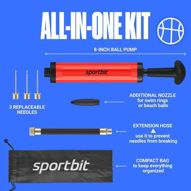 Alt view image 2 of 6 - Ballpump for Sports Balls - Basketball Pump for Sport Balls - Football & Soccer, Basketball, Volleyball Pump, Swim Inflatables - Hand Air Pump with 3 Needles, Nozzle, Extension Hose, Pouch