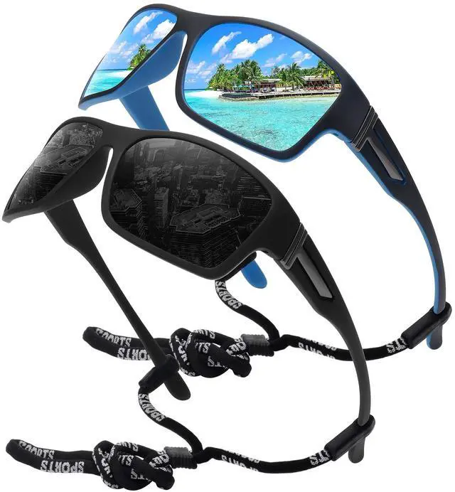 Main image of Polarized Sports Sunglasses for Men Women Unbreakable Frame Cycling Fishing Driving Black+Blue Mirror 2Pack