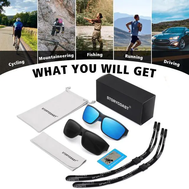 Alt view image 7 of 7 - Polarized Sports Sunglasses for Men Women Unbreakable Frame Cycling Fishing Driving Black+Blue Mirror 2Pack