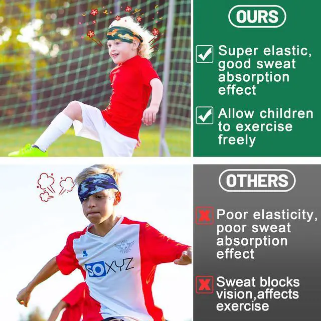 Alt view image 2 of 7 - 6Pcs Breathable Kids Sweat Bands for Ages 4~10 Boys Girls - Wicking Head Bands, Sports Accessories Gifts for Football Soccer Basketball Baseball Running Cycling, Camo