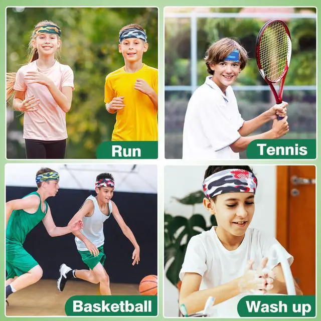 Alt view image 7 of 7 - 6Pcs Breathable Kids Sweat Bands for Ages 4~10 Boys Girls - Wicking Head Bands, Sports Accessories Gifts for Football Soccer Basketball Baseball Running Cycling, Camo