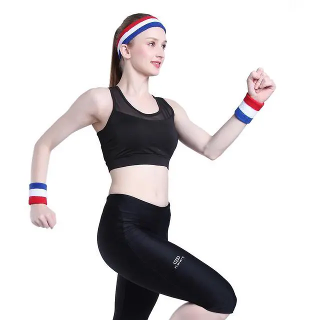 Alt view image 2 of 4 - Sweatband Set Premium Sports Headband Wristband Set Sweatbands Terry Cloth Wristband Wrist Sweatband Headbands Moisture Wicking Sweat Absorbing Head Band Red/White/Blue