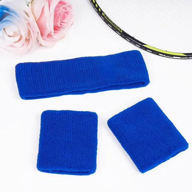 Alt view image 3 of 7 - 3 Pieces Sweatbands Set, 1 Pieces Sports Headband and 2 Pieces Wristbands,Wicking Sweat Head Band, Moisture-Wicking Athletic Sweat Bands for Basketball, Baseball, Soccer (Blue)
