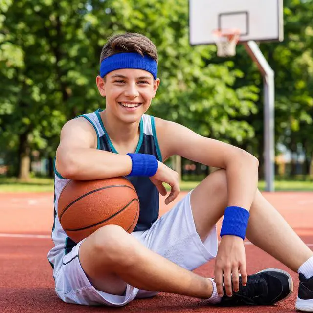 Alt view image 6 of 7 - 3 Pieces Sweatbands Set, 1 Pieces Sports Headband and 2 Pieces Wristbands,Wicking Sweat Head Band, Moisture-Wicking Athletic Sweat Bands for Basketball, Baseball, Soccer (Blue)