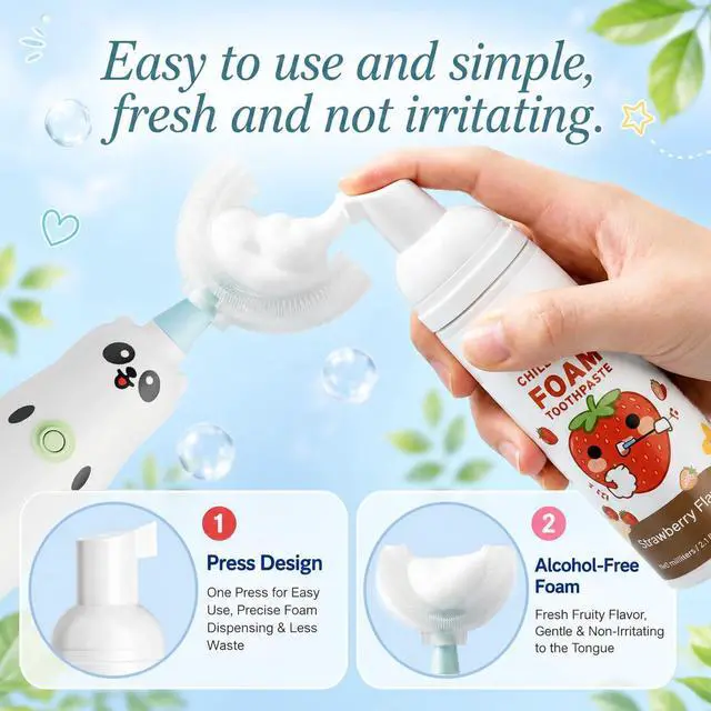 Alt view image 2 of 7 - Foam Kids Toothpaste, Fluoride-Free Toddler Toothpaste, Non-Toxic and Edible, Prevents Tooth Decay, Baby Toothpaste for Electric Toothbrush, Teeth Whitening Toothpaste for Age 2+, 2.1 oz, 2 Pack