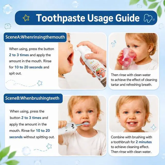 Alt view image 3 of 7 - Foam Kids Toothpaste, Fluoride-Free Toddler Toothpaste, Non-Toxic and Edible, Prevents Tooth Decay, Baby Toothpaste for Electric Toothbrush, Teeth Whitening Toothpaste for Age 2+, 2.1 oz, 2 Pack