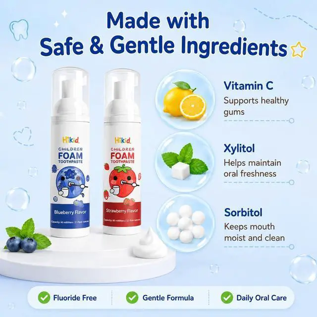 Alt view image 6 of 7 - Foam Kids Toothpaste, Fluoride-Free Toddler Toothpaste, Non-Toxic and Edible, Prevents Tooth Decay, Baby Toothpaste for Electric Toothbrush, Teeth Whitening Toothpaste for Age 2+, 2.1 oz, 2 Pack