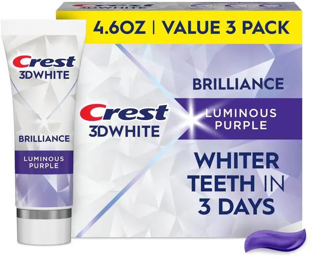 Main image of 3D White Brilliance Luminous Purple Teeth Whitening Toothpaste, 4.6 oz Pack of 3, Anticavity Fluoride Toothpaste, Fights 100% More Surface Stains, 24 Hour Active Stain Prevention