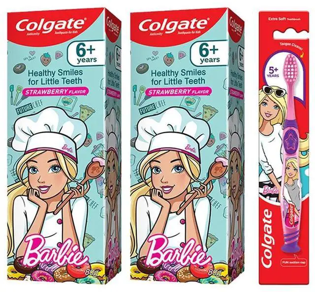 Main image of Anticavity Kids Barbie Toothpaste (6+ Years), Strawberry Flavour 80G/2.8oz (Pack of 2) with Colgate Barbie Toothbrush 1 Pc