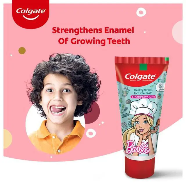 Alt view image 2 of 7 - Anticavity Kids Barbie Toothpaste (6+ Years), Strawberry Flavour 80G/2.8oz (Pack of 2) with Colgate Barbie Toothbrush 1 Pc