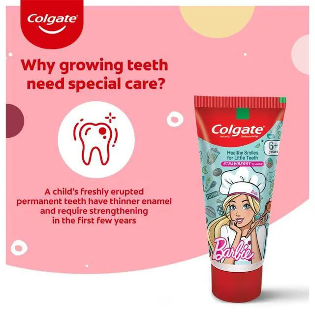 Alt view image 3 of 7 - Anticavity Kids Barbie Toothpaste (6+ Years), Strawberry Flavour 80G/2.8oz (Pack of 2) with Colgate Barbie Toothbrush 1 Pc