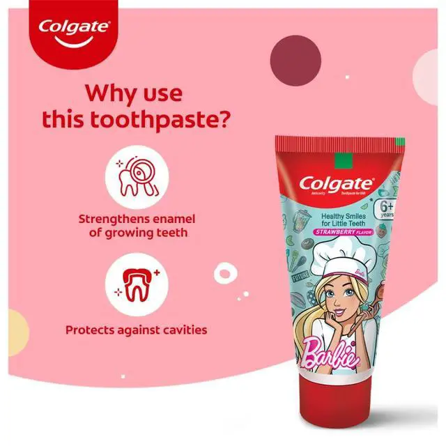 Alt view image 4 of 7 - Anticavity Kids Barbie Toothpaste (6+ Years), Strawberry Flavour 80G/2.8oz (Pack of 2) with Colgate Barbie Toothbrush 1 Pc