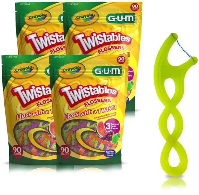 Main image of Crayola Twistables Kids Flossers with Fluoride, Designed for Little Hands, Three Fun Fruit Flavors, Easy-to-Use Dental Floss Picks for Children Ages 3+, 90 Count (Pack of 4)
