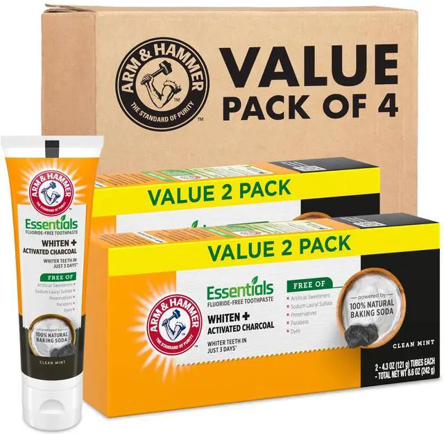 Main image of Essentials Fluoride-Free Toothpaste, Whitening + Activated Charcoal Toothpaste, 4 Pack of 4.3oz Tubes, Clean Mint, 100% Natural Baking Soda