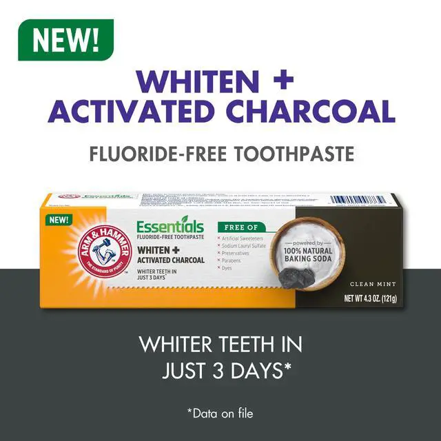 Alt view image 6 of 7 - Essentials Fluoride-Free Toothpaste, Whitening + Activated Charcoal Toothpaste, 4 Pack of 4.3oz Tubes, Clean Mint, 100% Natural Baking Soda