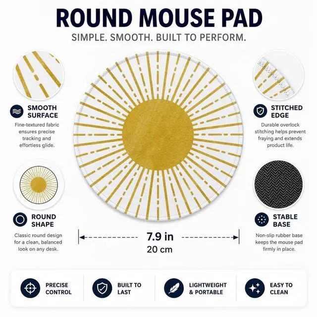 Alt view image 3 of 7 - Boho Yellow Round Mouse Pad,Sun Sunset Sunshine Small Mousepad,Non-Slip Rubber Base Mouse Pads for Wireless Mouse,7.9x7.9 Inches