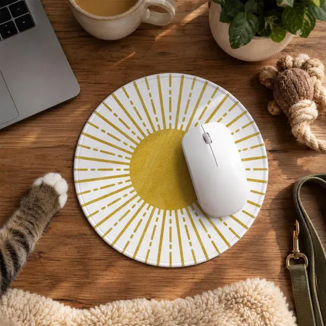 Alt view image 4 of 7 - Boho Yellow Round Mouse Pad,Sun Sunset Sunshine Small Mousepad,Non-Slip Rubber Base Mouse Pads for Wireless Mouse,7.9x7.9 Inches