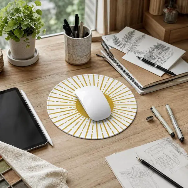 Alt view image 7 of 7 - Boho Yellow Round Mouse Pad,Sun Sunset Sunshine Small Mousepad,Non-Slip Rubber Base Mouse Pads for Wireless Mouse,7.9x7.9 Inches