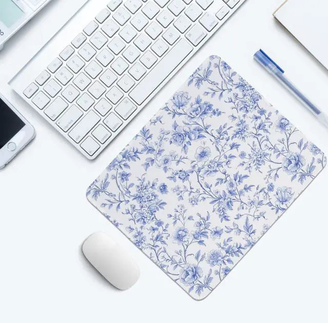 Alt view image 3 of 6 - Light Blue Chinoiserie Mouse Pad,Blue and White Floral Desk Mat,Girly Preppy Floral Mouse Pad for Dorm Home Office Desktop Decor,10.2x8.2 Inch