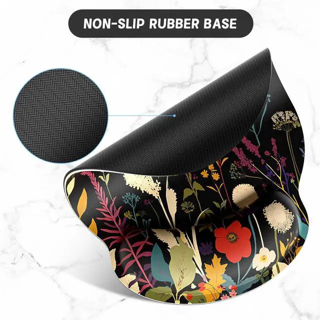 Alt view image 3 of 7 - Ergonomic Mouse Pad with Wrist Support Wrist Rest Smooth Surface Non-Slip Rubber Base Comfortable Office Supplies Pain Relief, 9.8 x 9.1 inches, Pretty Flowers Plants