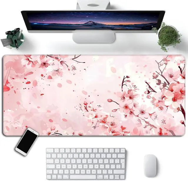 Alt view image 2 of 7 - Pink Cherry Blossom Mouse Pad,XXL 35.4"x15.7" Big Gaming Mousepad,Japanese Sakura Large Extended Mouse Mat,Non-Slip Rubber Base Waterproof with Stitched Edges for Gaming Office Home