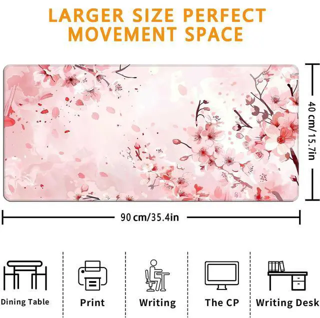 Alt view image 3 of 7 - Pink Cherry Blossom Mouse Pad,XXL 35.4"x15.7" Big Gaming Mousepad,Japanese Sakura Large Extended Mouse Mat,Non-Slip Rubber Base Waterproof with Stitched Edges for Gaming Office Home
