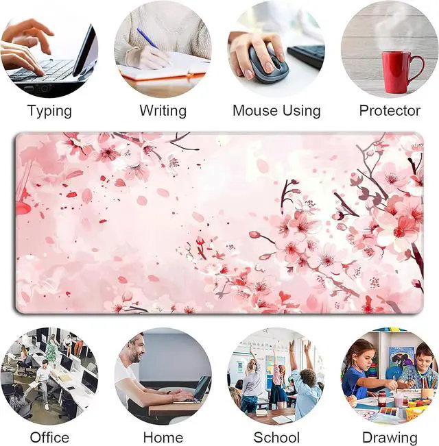 Alt view image 6 of 7 - Pink Cherry Blossom Mouse Pad,XXL 35.4"x15.7" Big Gaming Mousepad,Japanese Sakura Large Extended Mouse Mat,Non-Slip Rubber Base Waterproof with Stitched Edges for Gaming Office Home