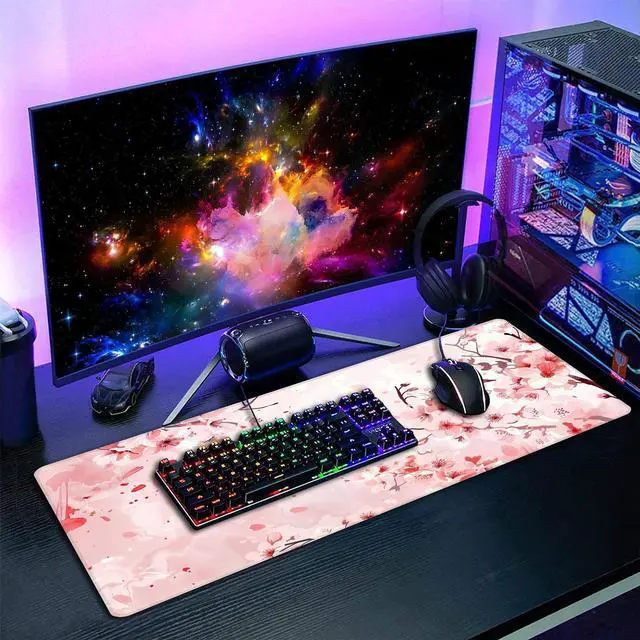 Alt view image 7 of 7 - Pink Cherry Blossom Mouse Pad,XXL 35.4"x15.7" Big Gaming Mousepad,Japanese Sakura Large Extended Mouse Mat,Non-Slip Rubber Base Waterproof with Stitched Edges for Gaming Office Home
