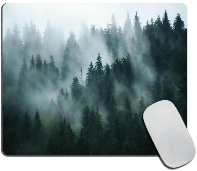 Main image of Misty Forest Mouse Pad,Nature Pine Trees Scenic Foggy Mountain Cool Woodsy Landscape Woodland Customized Non-Slip Rubber Base Mousepads, Computer Mouse Pads for Wireless Mouse 9.5×7.9×0.12 inches