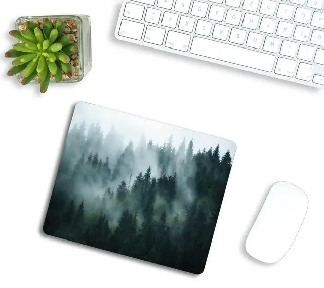 Alt view image 4 of 5 - Misty Forest Mouse Pad,Nature Pine Trees Scenic Foggy Mountain Cool Woodsy Landscape Woodland Customized Non-Slip Rubber Base Mousepads, Computer Mouse Pads for Wireless Mouse 9.5×7.9×0.12 inches