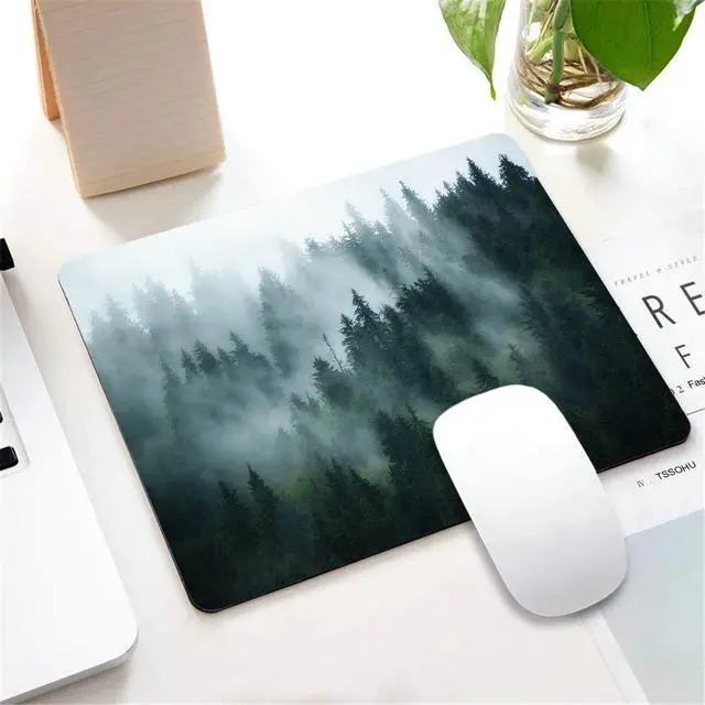 Alt view image 5 of 5 - Misty Forest Mouse Pad,Nature Pine Trees Scenic Foggy Mountain Cool Woodsy Landscape Woodland Customized Non-Slip Rubber Base Mousepads, Computer Mouse Pads for Wireless Mouse 9.5×7.9×0.12 inches