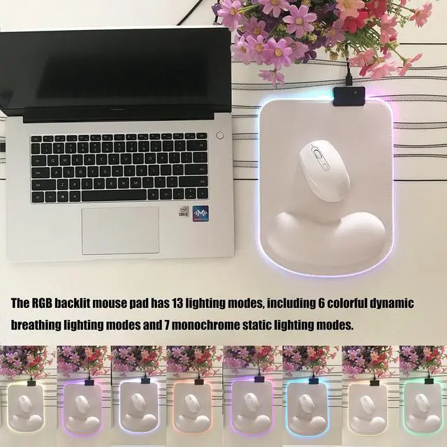 Alt view image 2 of 7 - RGB LED Wrist Support Mouse Pad with 13 Lighting Modes, Anti-Slip Rubber Base, Pain Relief Ergonomic Gaming/Office/Home Mouse Pad, 11.8 x 8.5 in (White)